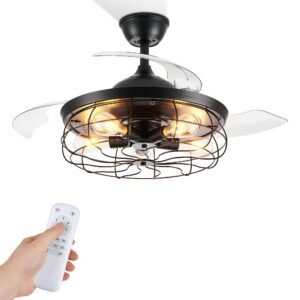 20" Caged Ceiling Fans with Lights and Remote, Flush Mount Bladeless Ceiling Fan Low Profile