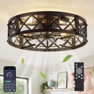 20" Caged Ceiling Fan With Light, APP&Remote Control, Small Flush Mount Farmhouse Fan Lights