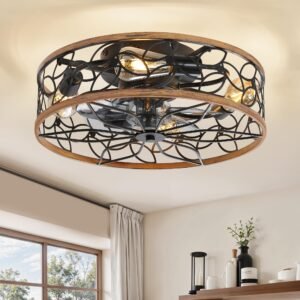Caged Ceiling Fans with Lights, White Flush Mount Ceiling Fan with Remote