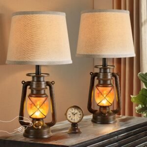 18.72" LED Vintage Lantern Flickering Flame Table Lamps for Bedrooms Set of 2, Small Farmhouse Rustic Vintage End Table Lamps